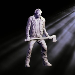 May include: A figurine of a man with an axe, with a stern expression. The figure is wearing a jacket, trousers, and boots. The axe is held in both hands. The background is dark with a spotlight effect.