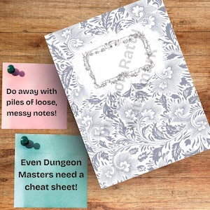 May include: A notebook with a floral design in shades of gray and white, with a blank rectangular space in the center. Two sticky notes are pinned to a wooden surface, one pink and one teal, with text about notes and cheat sheets.