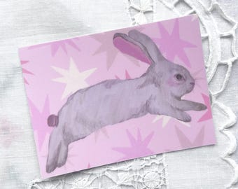 Op de afbeelding: Een rechthoekige kunstdruk met een lichtgrijs konijn in een springende houding tegen een zachtroze achtergrond, versierd met verschillende tinten roze en witte sterren. Het konijn heeft een kleine roze vlek op de wang en een witte staart.