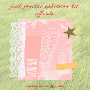 Puede incluir: Un kit de efemérides de diario basura con el texto "junk journal ephemera kit offcuts". El kit incluye efemérides de papel rosa, un ribete de encaje blanco, una estrella dorada y un trozo de cinta adhesiva amarilla. Las palabras "BIG IDEAS" están impresas en un papel rosa.