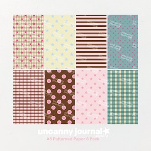 May include: A set of eight rectangular sheets of patterned paper featuring designs including pink stars on a grid, light blue stars on yellow, brown and white stripes, pink stars on teal, brown gingham, pink stars on brown, pink stars on pink, and teal gingham.