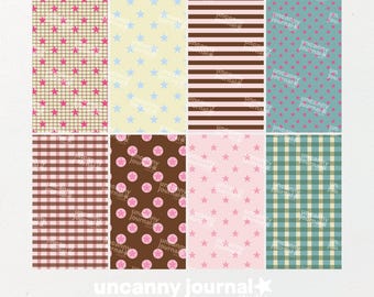 May include: A set of eight rectangular sheets of patterned paper featuring designs including pink stars on a grid, light blue stars on yellow, brown and white stripes, pink stars on teal, brown gingham, pink stars on brown, pink stars on pink, and teal gingham.
