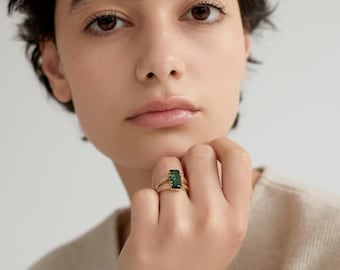 Emerald Ring 14K Gold,Cut Emerald Engagement Ring,Genuine Emerald Gold Ring,Women's Emerald Ring, Emerald Wedding Ring,Gift For Her