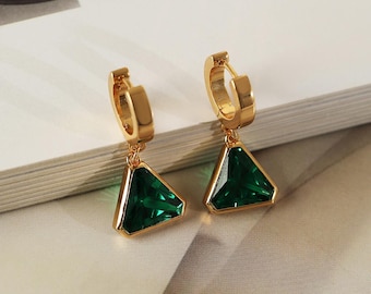 Triangular Emerald Earrings,Emerald Earring Set,Emerald Engagement Earring,Genuine Emerald Gold Earring,Women's Emerald Earring,Gift For Her
