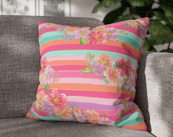 Funda de almohada con rayas florales rosas, 16x16, 18x18, 20x20, con flores tropicales pastel, con detalles primaverales en coral y menta para dormitorio o sala de estar.