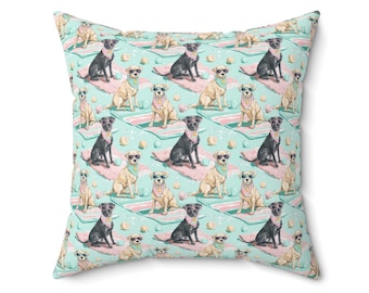 Surf Dog Throw Pillow, Beach Puppy Accent Pillow, 16x16 18x18 20x20 Coastal Dog Home Decor, Fun Summer Dog Lover