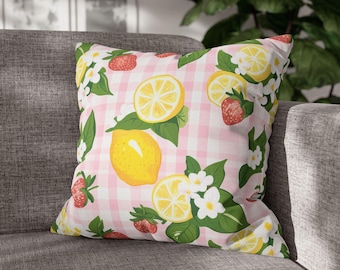 Funda de almohada de limón y fresa, funda de almohada de cuadros rosas, 16x16, 18x18, 20x20, con detalles de fruta fresca para cocina o sala de estar.