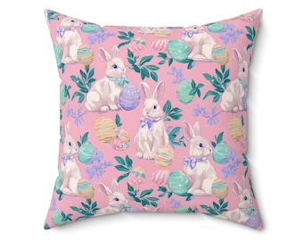 Cojín de conejito de Pascua, decoración primaveral en tonos pastel, bonito cojín de conejo para sofá o silla, cojín de huevo de Pascua rosa.