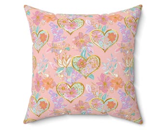 Cojín floral con forma de corazón pastel, 40,6 x 40,6 x 45,7 cm, 50,8 x 50,8 cm, color melocotón y rosa, decoración femenina y femenina para sala de estar o dormitorio.