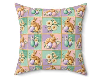 Spring Bunny Patchwork Throw Pillow, Easter Rabbit Home Decor, 16x16 18x18 20x20 Pastel Farmhouse Easter Accent Pillow