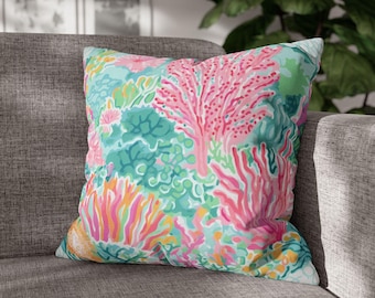 Funda de almohada con diseño de arrecife de coral, color rosa y verde azulado, ideal para sofá playero, 40,6 x 40,6 x 45,7 cm, 50,8 x 50,8 cm