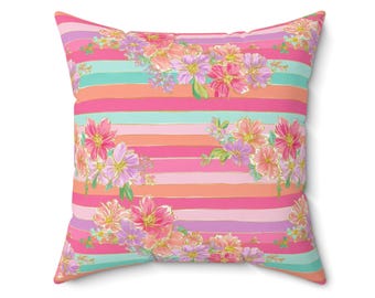 Cojín decorativo con diseño de rayas florales pastel, 40,6 x 40,6 x 45,7 cm, 50,8 x 50,8 cm, color rosa coral, con un toque tropical primaveral para sofá o entrada.