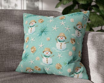 Funda de almohada con muñeco de nieve costero, funda de almohada navideña playera, 16x16, 18x18, 20x20, decoración navideña tropical, funda de almohada de invierno