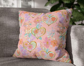 Funda de almohada con diseño de corazón floral pastel (40,6 x 40,6 x 45,7 cm, 50,8 x 50,8 cm, rosa melocotón), decoración romántica para dormitorio femenino.