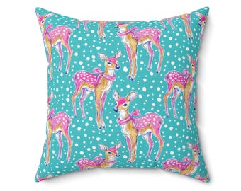 Cojín decorativo de reno con lazo rosa, 40x40 cm, 45x45 cm, 50x50 cm, color verde azulado, decoración navideña con ciervos para la sala de estar o el dormitorio.