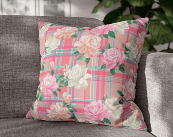 Funda de almohada a cuadros florales, 16x16, 18x18, 20x20, funda de rosa rosa, decoración de dormitorio estilo cottagecore, funda de almohada de primavera