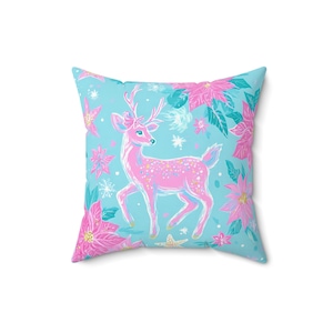 Preppy Poinsettia Deer, 16x16 Throw Pillow, 1 Christmas Pillow, Pink Holiday Decor, Pastel Reindeer Pillow, Winter Floral Pillow