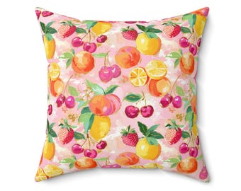Fruit Throw Pillow, Colorful Citrus Accent Pillow, 16x16 18x18 20x20 Summer Kitchen Decor, Bright Lemon Cherry Home Theme