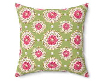 Cojín decorativo con medallón verde, 40x40 cm, 45x45 cm, 50x50 cm, detalle floral rojo, cojín navideño inspirado en la flor de Pascua para sofá o dormitorio