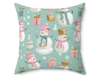 Cojín decorativo de muñeco de nieve pastel, 16 x 16, 18 x 18, 20 x 20, cojín decorativo navideño, decoración navideña rosa y menta para sala de estar o dormitorio.