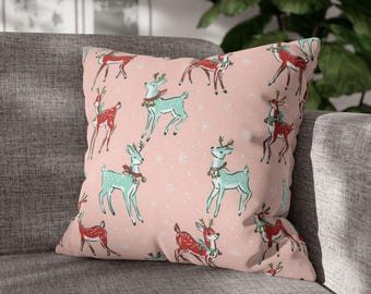 Funda de almohada vintage con renos, 40x40 cm, 45x45 cm, 50x50 cm, rosa, ideal para fiestas. Decoración navideña retro para dormitorio o sala de estar.