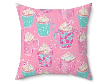 Cojín decorativo rosa con forma de chocolate caliente, 40x40 cm, 45x45 cm, 50x50 cm. Adorno navideño original y divertido, taza navideña acogedora para el sofá o el dormitorio.