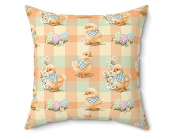 Cojín decorativo de pollito de Pascua, 40,6 x 40,6 x 45,7 cm, 50,8 x 50,8 cm, con acento de cuadros escoceses, decoración rústica de Pascua para sofá o dormitorio.