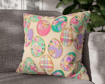 Funda de almohada con diseño de huevo de Pascua en tonos pastel, 40,6 x 40,6 x 45,7 cm, 50,8 x 50,8 cm, con estampado floral primaveral, decoración de Pascua en tonos pastel rosa melocotón para sofá o dormitorio.