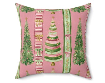 Cojín navideño con diseño de árbol de Navidad rosa y verde, 40,6 x 40,6 x 45,7 cm, 50,8 x 50,8 cm, con rayas navideñas, elegante decoración invernal para sofá o dormitorio.