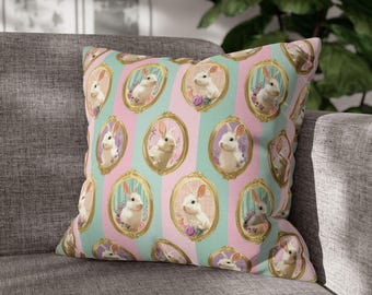 Funda de almohada vintage con retrato de conejito, 16 x 16, 18 x 18, 20 x 20, con diseño de conejo de Pascua en tonos pastel, con detalles primaverales en rosa y menta para dormitorio o guardería.