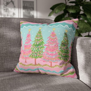 Preppy Peppermint Pines, Pillowcase, Christmas Pillow Cover, Pastel Holiday Tree Pillowcase, Washable Decorative Christmas Decor