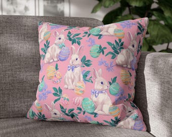 Funda de almohada de conejito de Pascua rosa, 40,6 x 40,6 x 45,7 cm, 50,8 x 50,8 cm, decoración de huevo de Pascua en tonos pastel, bonito detalle primaveral para el hogar.