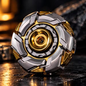 Può includere: Un fidget spinner circolare in metallo con un alloggiamento del cuscinetto centrale in oro lucido, circondato da un anello di segmenti geometrici che alternano argento e oro. Il design presenta dettagli meccanici complessi con scanalature e bordi smussati.