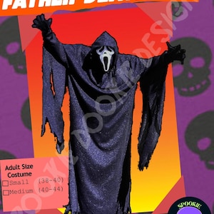 Puede incluir: Un disfraz de lujo de Father Death con una túnica con capucha negra y una máscara blanca. La imagen incluye el texto "Father Death" y "Spookie Dookie Designs". El disfraz está disponible en tallas de adulto pequeña (38-40) y mediana (40-44).