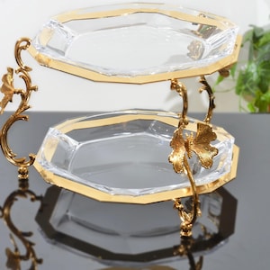Luxury Gold and Glass Two Tier Serving Tray for Cakes Cheese Appetizers Desserts and Elegant Dining Table or Kitchen Decoration