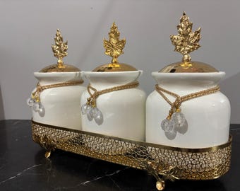 3 Piece Ceramic Jar Set with Gold Metal Stand, Tea Coffee Sugar Storage, Shiny Finish Kitchen Decor