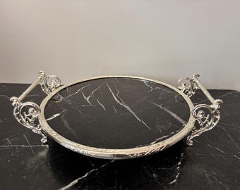 Silver Metal & Marble Serving Tray, Ornate Handle, 30cm Round