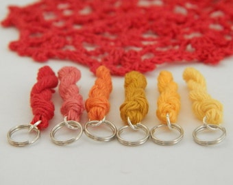 6 Knitting stitch markers - mini skein linen yarn key chains