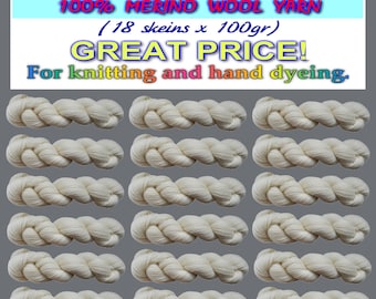 Natural Undyed 100% MERINO WOOL yarn, 1800g (18 skeins x 100g)
