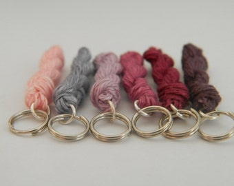 6 Knitting stitch markers - mini skein linen yarn key chains