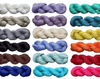 May include: A collection of 16 skeins of yarn in various colors, including white, beige, gray, blue, teal, yellow, orange, red, and pink. The yarn is arranged in rows of two, with each skein folded in half.