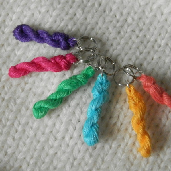 6 Knitting stitch markers - mini skein linen yarn key chains