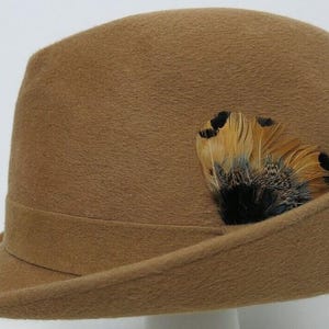 May include: A tan-coloured fedora hat with a brown band and a decorative cluster of feathers. The hat has a classic, structured shape with a slightly curved brim. The feathers are a mix of black, brown, and yellow.