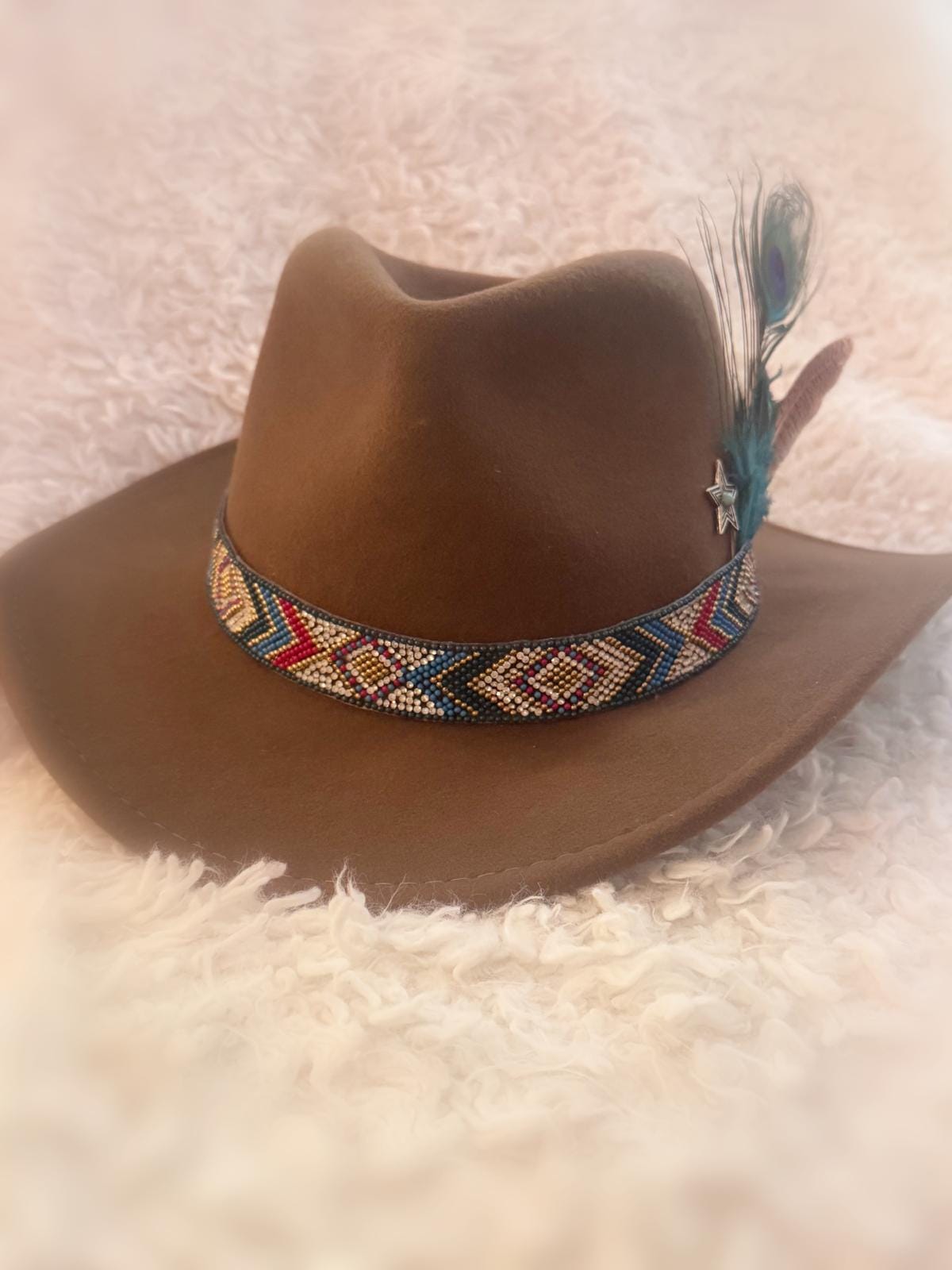 Custom straw cowboy hat w Peacock,feathers leather ,vintage cloth, card sheriff Stetson Straw Cowboy Hat: Customer main image 2