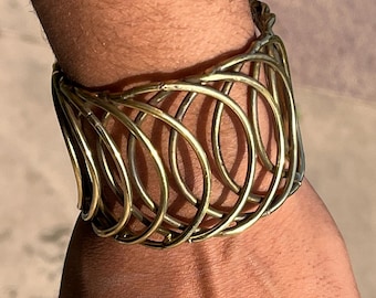 Handcrafted Wide Brass Cuff Bangle: Tribal Indian Design