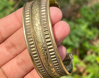 Handcrafted Wide Brass Cuff Bangle: Tribal Indian Design