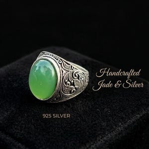 Engraved Green Jade Sterling Silver Ring, Handmade Turkish Design
