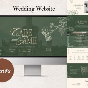 May include: A computer monitor displays a wedding website design with a dark green background and floral accents. The website features the names "Claire and Jamie" in elegant script, along with wedding details. The Canva logo is visible.