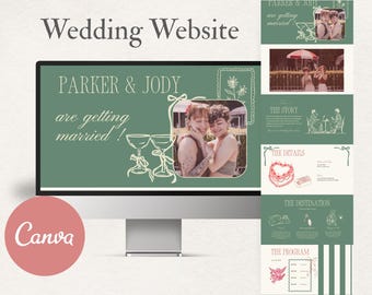 Romantic and Fun vintage Wedding Website Template Pink and Green Floral Canva Wedding Website RSVP Wedding Invitation Save The Date
