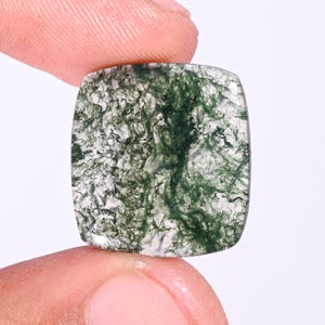 May include: Square-cut moss agate gemstone with rounded corners. The stone features a translucent white base with intricate, swirling patterns of green moss-like inclusions. The gemstone is held between two fingers against a white background.